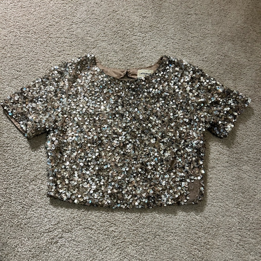 Sequin Short Sleeve Crop Top Lace & Beads Nude Gold 12